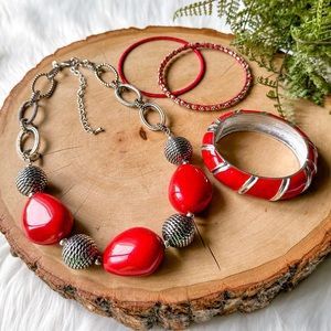 Premier Designs Red Stone Silver Ball Bead Chain Necklace + Bangle Bracelet Set
